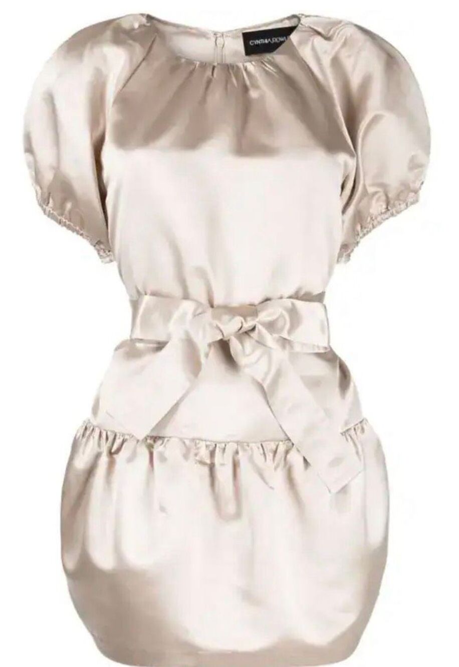 CYNTHIA ROWLEY Tulip Puff-Sleeve Satin Minidress in Champagne NWT Size Large